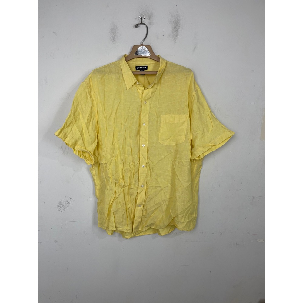 Lands End Men XXL Yellow 100% Linen Short Sleeve Button up Shirt Traditional Fit